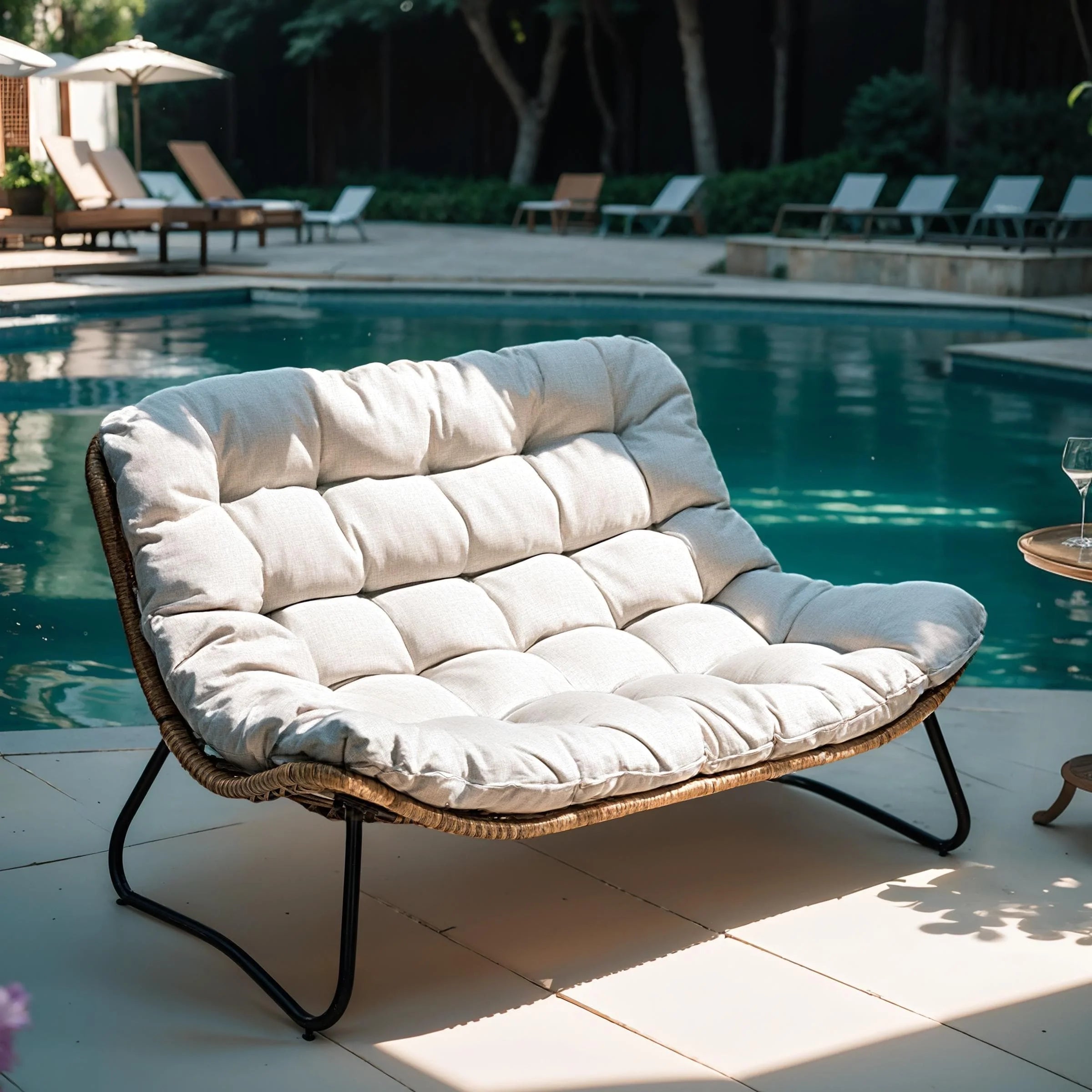 Fauteuil Double Papasan avec Coussin, en Rotin PE Résistant aux Intempéries et Cadre en Métal pour Intérieur et Extérieur