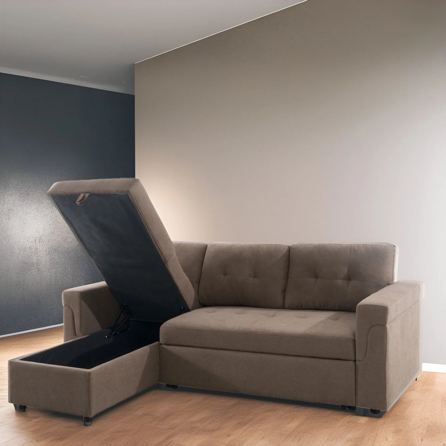 Canapé d'angle réversible convertible avec lit gigogne, méridienne avec rangement dissimulé et pieds durables