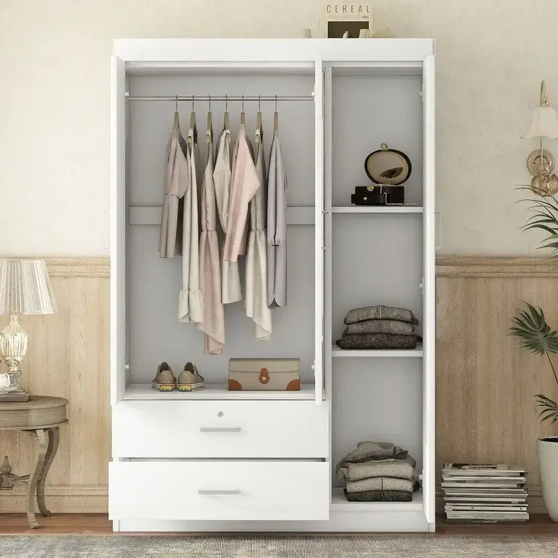 Armoire-penderie 3 portes avec miroir, étagères et 2 tiroirs