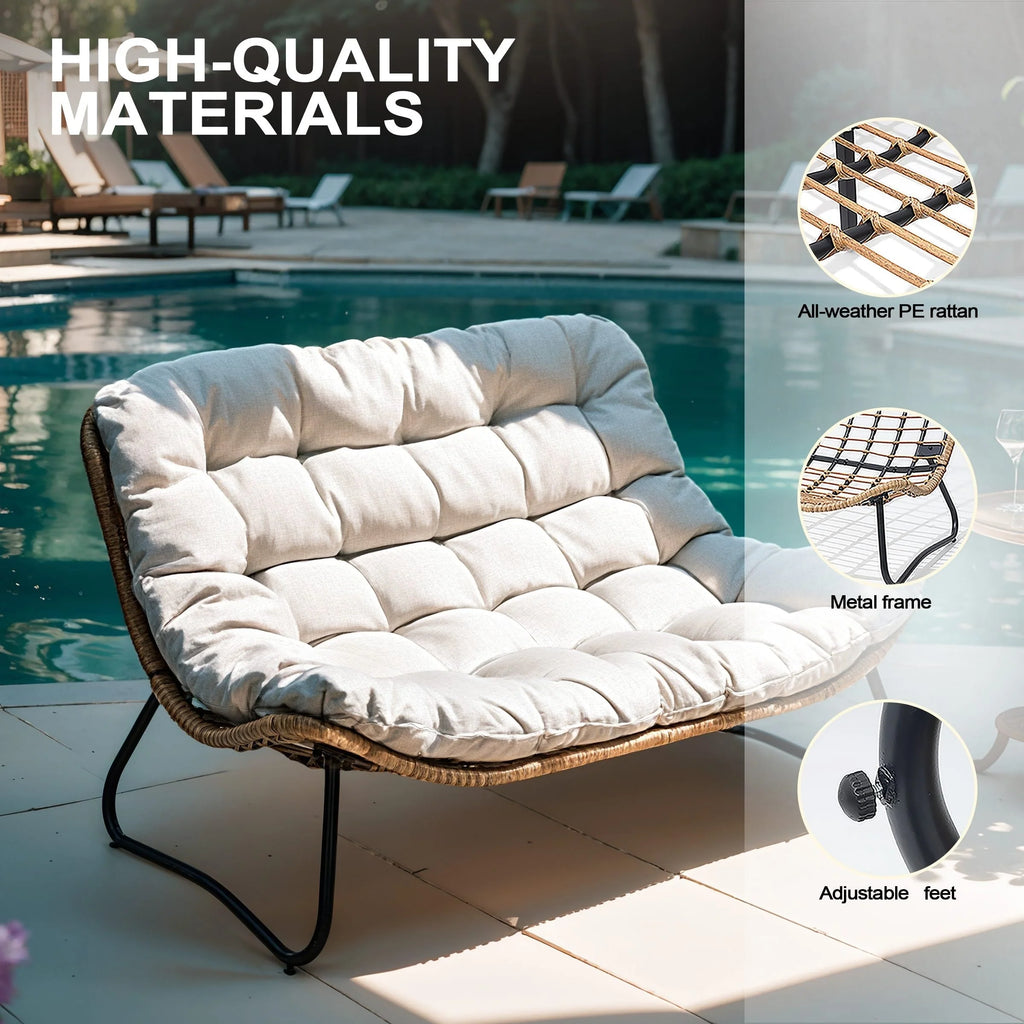 Fauteuil Double Papasan avec Coussin, en Rotin PE Résistant aux Intempéries et Cadre en Métal pour Intérieur et Extérieur
