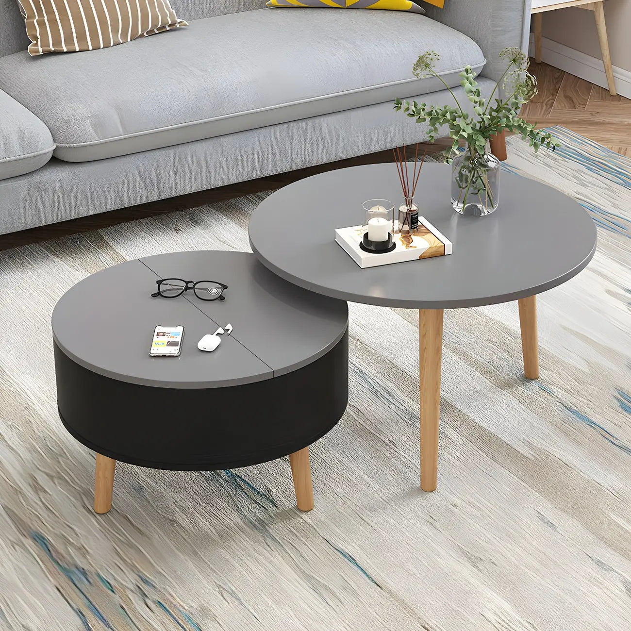 Table basse ronde en bois noir et blanc moderne avec rangement