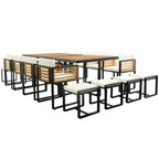 Ensemble de salle à manger de patio en bois d'acacia de 18 pièces, 8 chaises coussinées et 8 poufs et 2 tables carrées