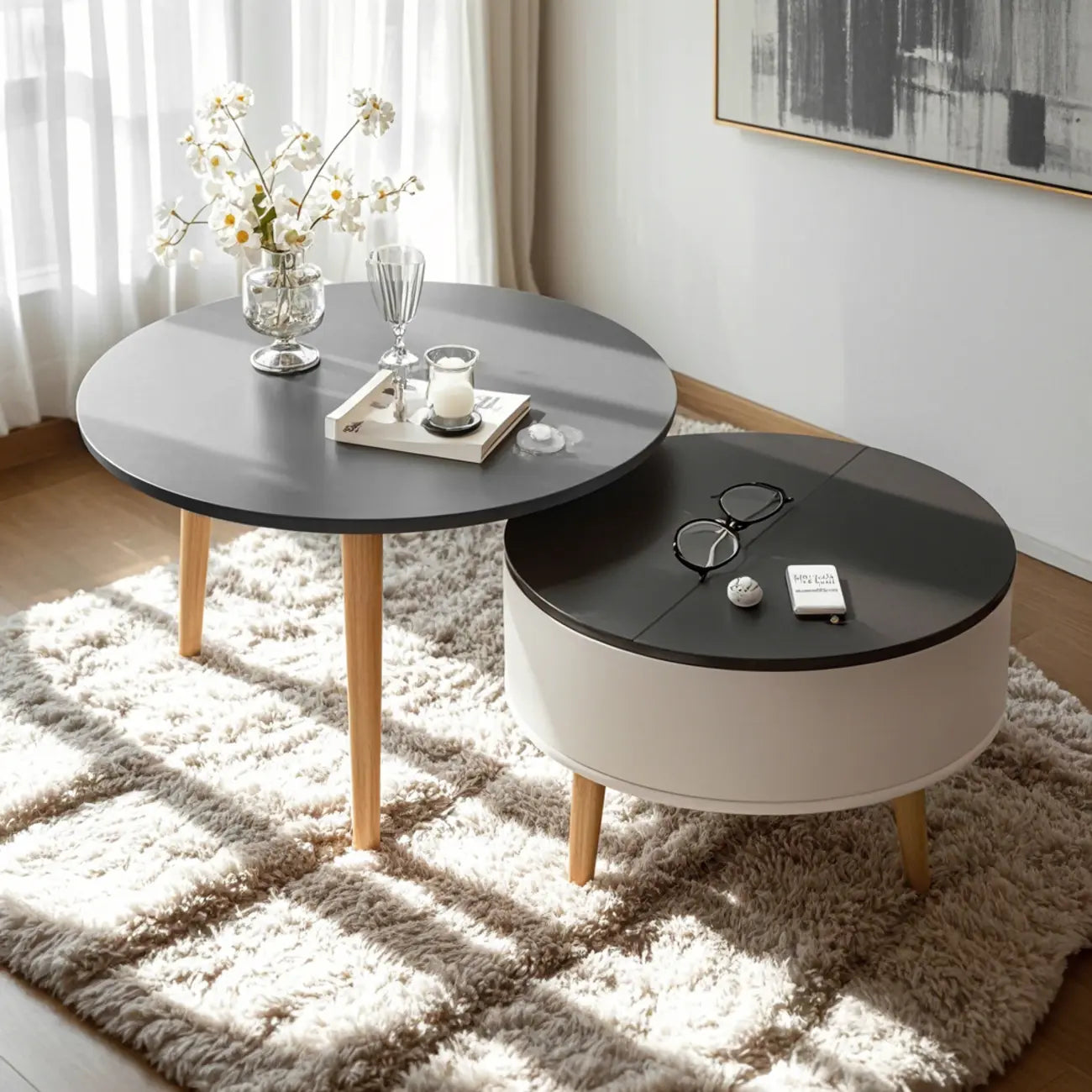 Table basse ronde en bois noir et blanc moderne avec rangement
