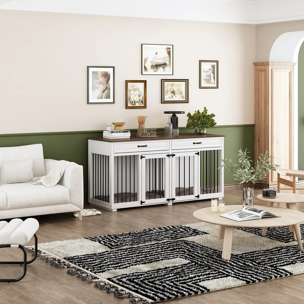 Meuble Niche Double pour Chiens en Bois avec 2 Tiroirs et Séparateur