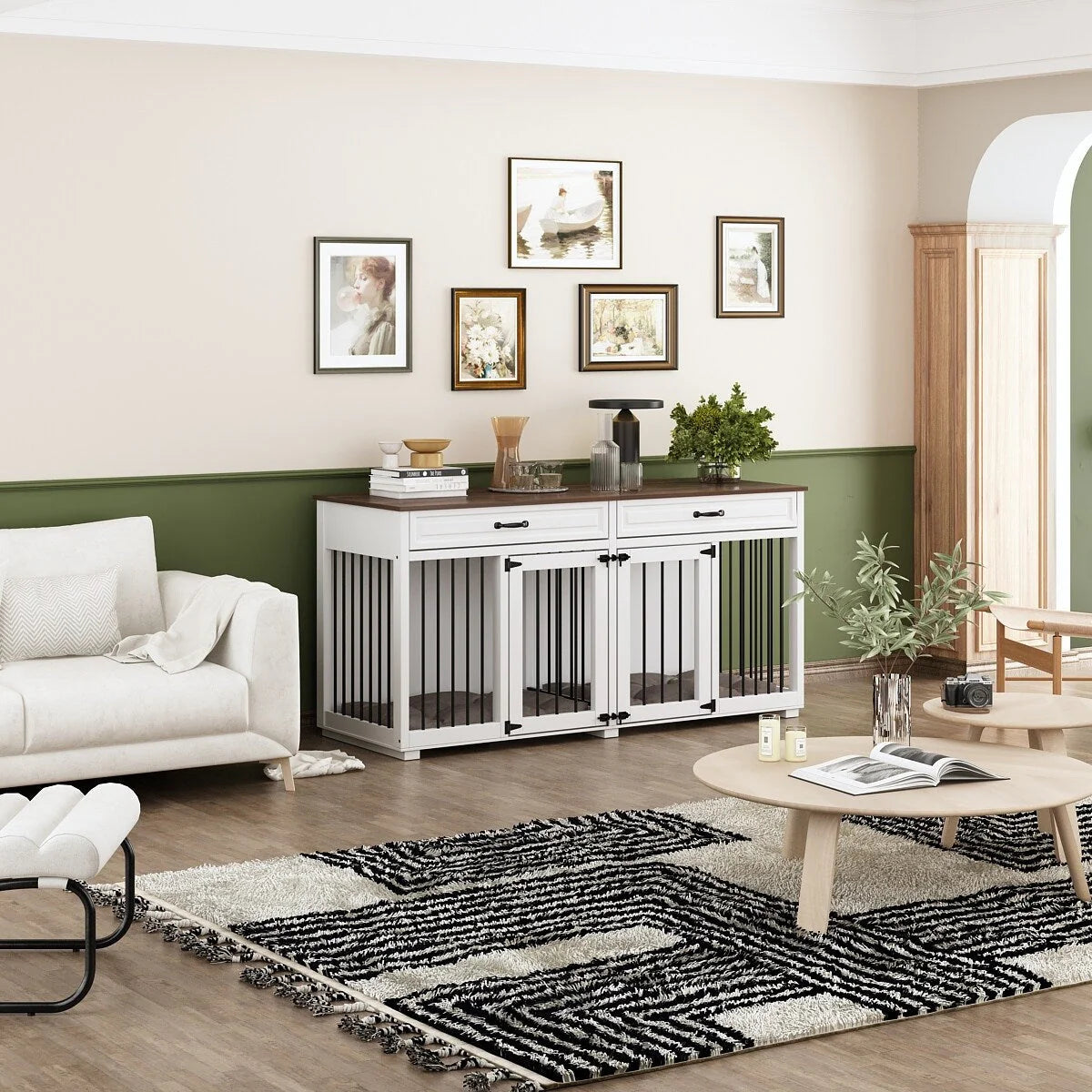 Meuble Niche Double pour Chiens en Bois avec 2 Tiroirs et Séparateur