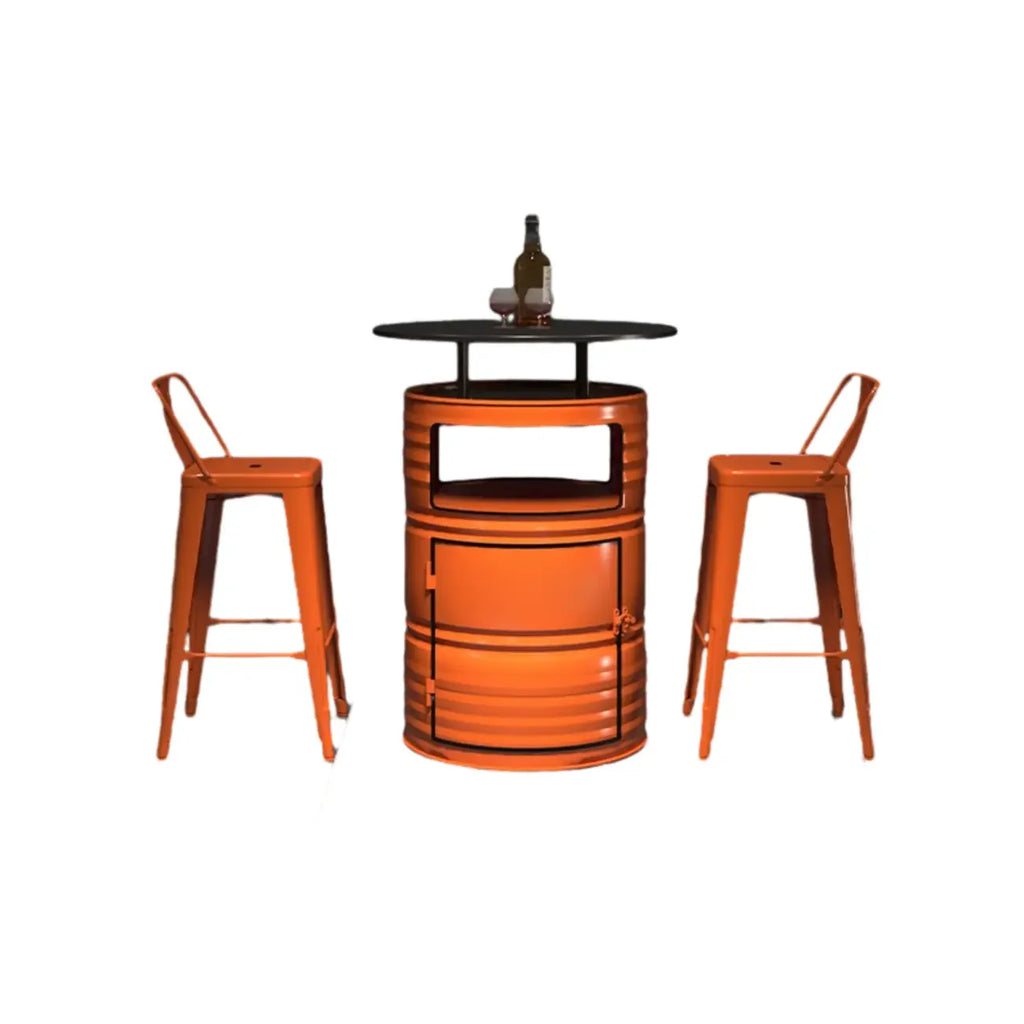 Tables de bar de rangement industrielles en métal noir et orange en forme de fût