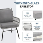 Ensemble de bistro 3 pièces pour terrasse, salon de jardin en rotin d'extérieur avec table en verre et 2 fauteuils larges, coussins d'assise