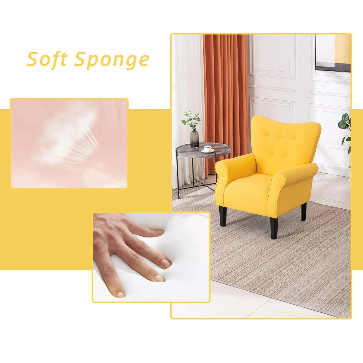 Fauteuil d'appoint moderne Erommy, fauteuil à dossier haut, canapé individuel en tissu capitonné avec pieds en bois pour salon