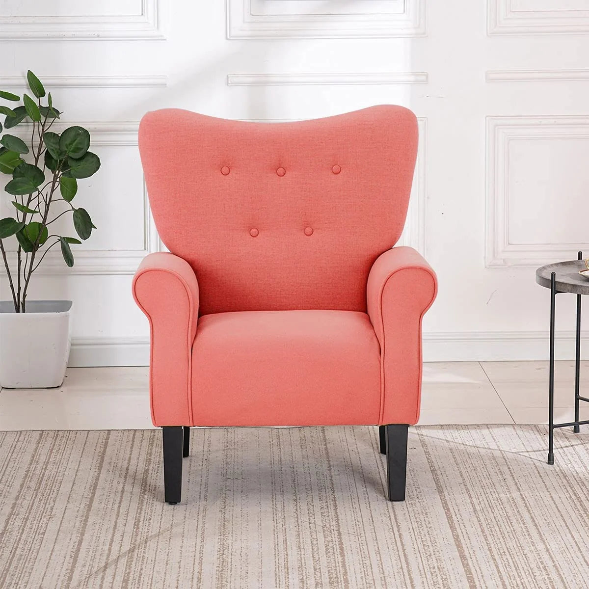Fauteuil d'appoint moderne Erommy, fauteuil à dossier haut, canapé individuel en tissu capitonné avec pieds en bois pour salon