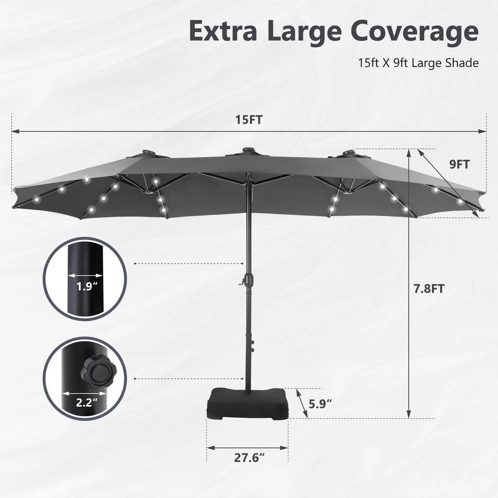 MAISON ARTS Parasol de marché extérieur rectangulaire de 4,5 m avec manivelle, double face, lumières LED solaires et base incluse