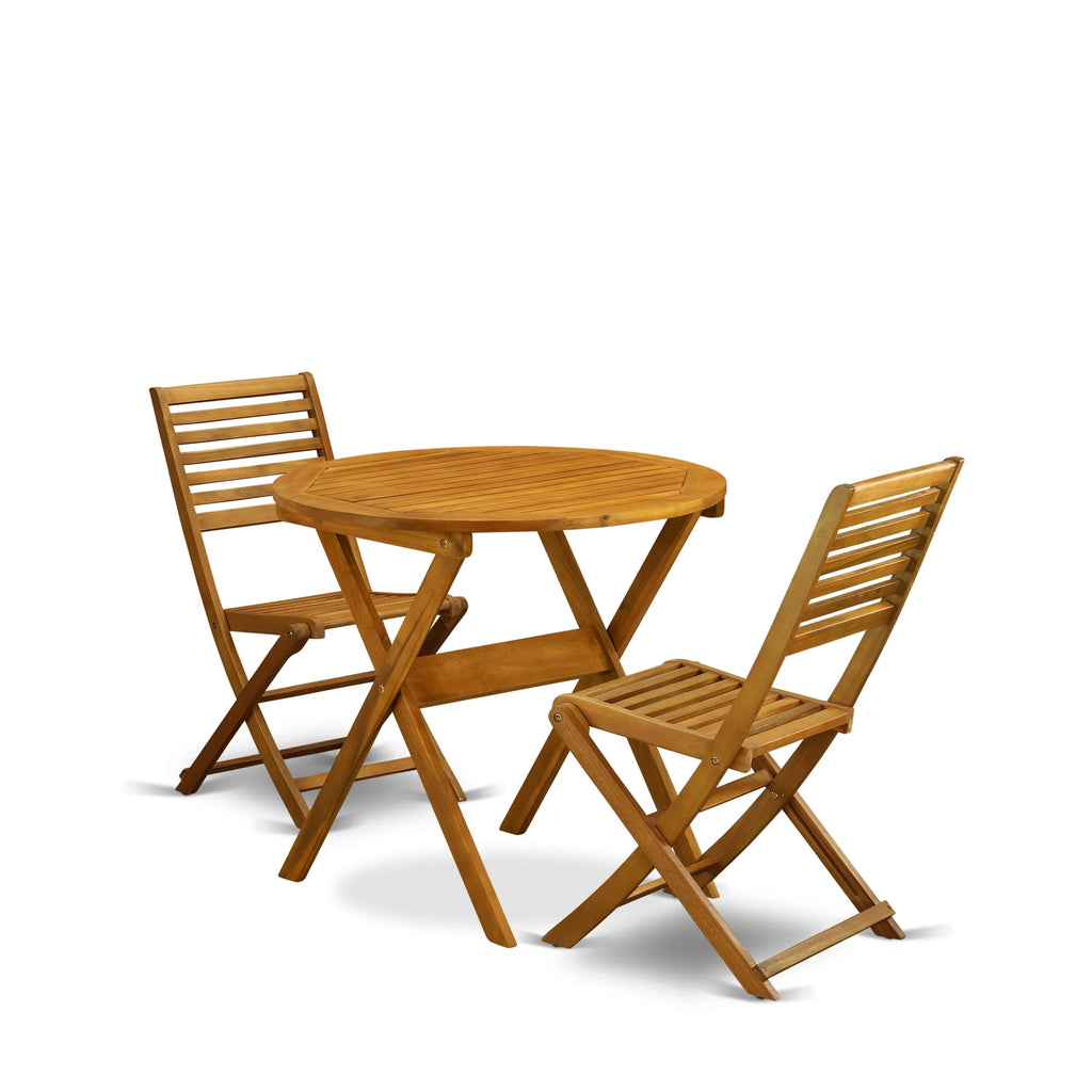East West Furniture Ensemble Bistro de Conversation d'Extérieur avec Table Basse Ronde en Bois et 2 Chaises Pliantes, Huile Naturelle