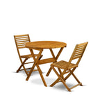 East West Furniture Ensemble Bistro de Conversation d'Extérieur avec Table Basse Ronde en Bois et 2 Chaises Pliantes, Huile Naturelle