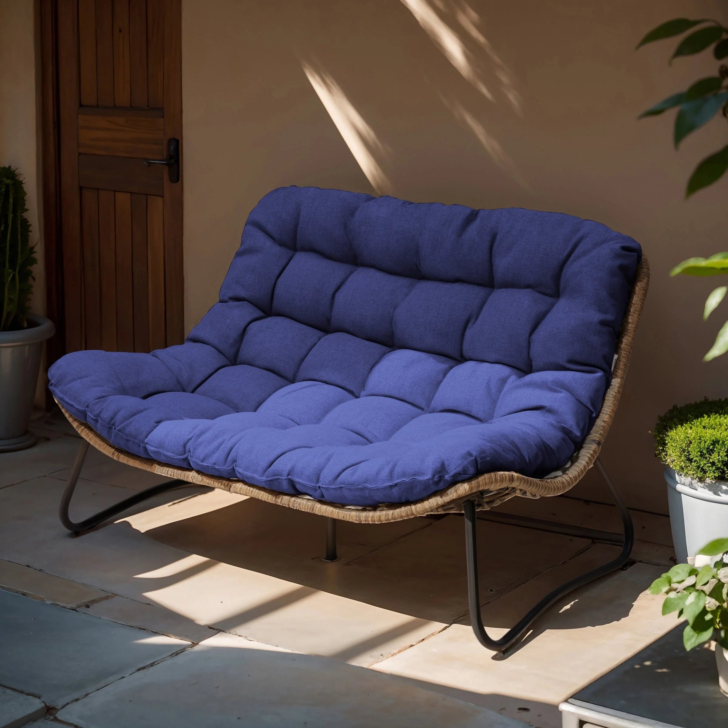Fauteuil Double Papasan avec Coussin, en Rotin PE Résistant aux Intempéries et Cadre en Métal pour Intérieur et Extérieur