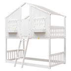 Lit superposé cabane jumeau sur jumeau avec toit, fenêtre, jardinière, porte, barrières de sécurité et échelle, gris