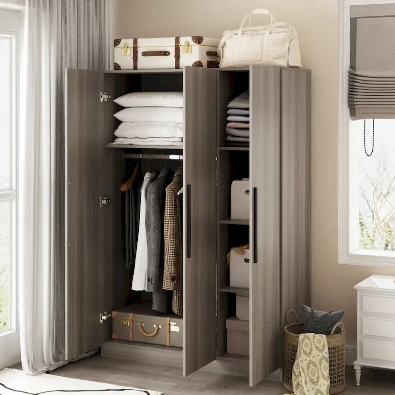 Armoire Penderie en Bois avec 6 Cubes de Rangement et Tringle Suspendue