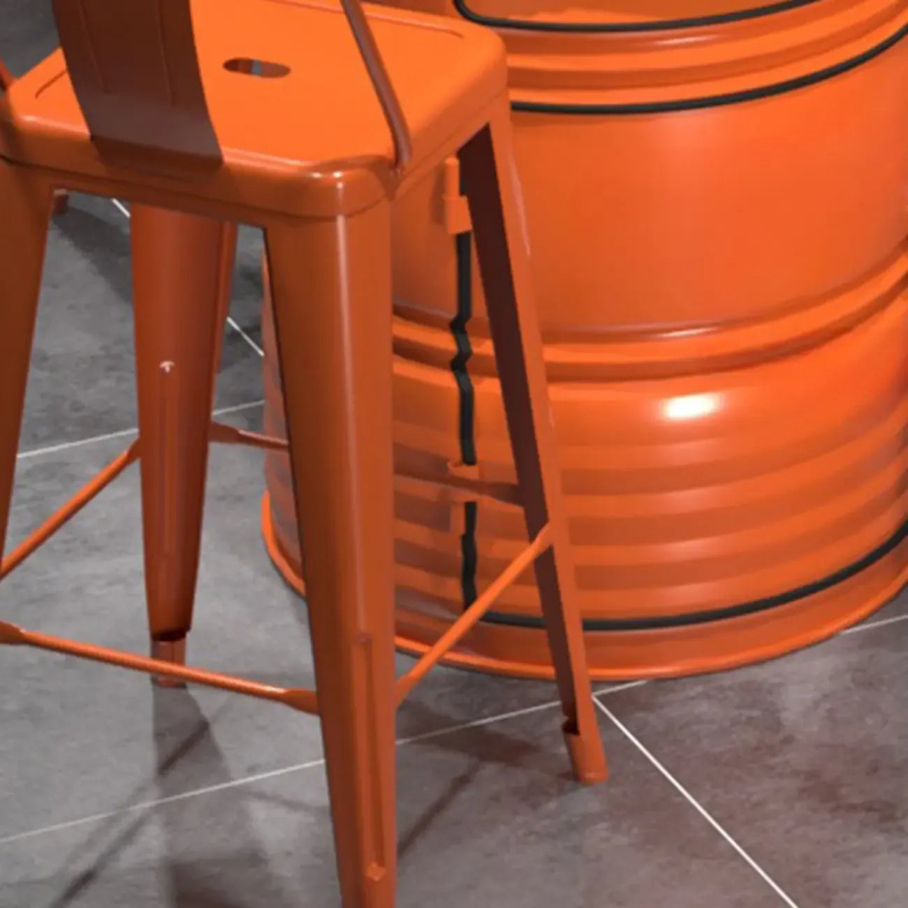 Tables de bar de rangement industrielles en métal noir et orange en forme de fût