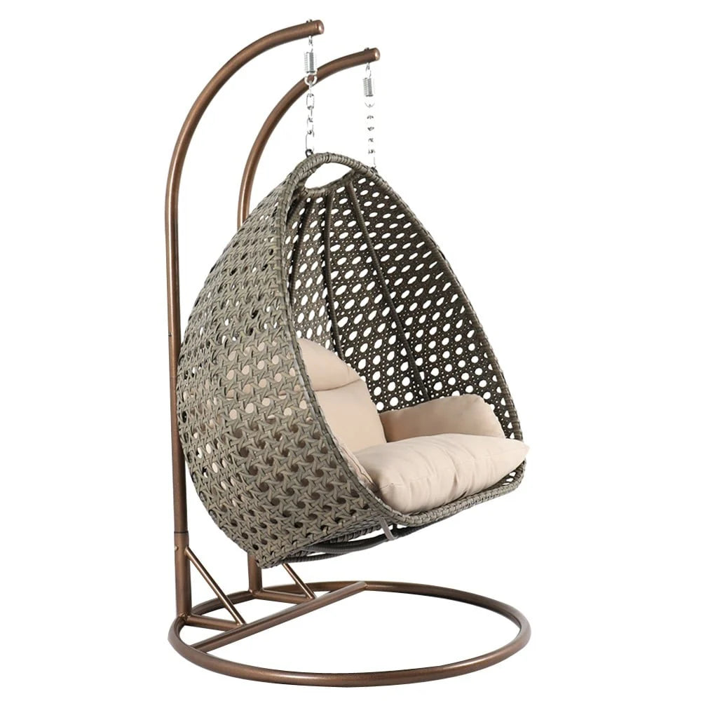 LeisureMod Fauteuil suspendu œuf 2 places avec support - Balançoire hamac de patio en rotin osier intérieur/extérieur avec coussins