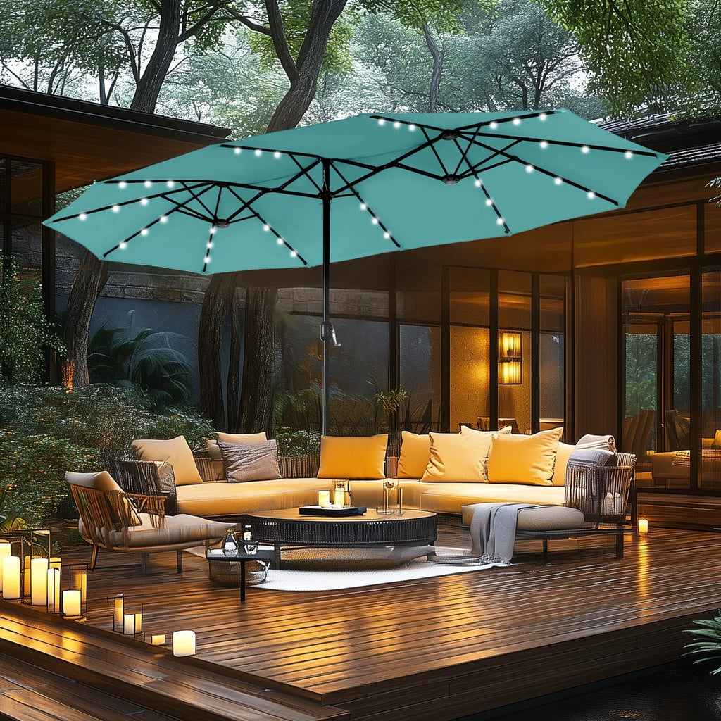 MAISON ARTS Parasol de marché extérieur rectangulaire de 4,5 m avec manivelle, double face, lumières LED solaires et base incluse