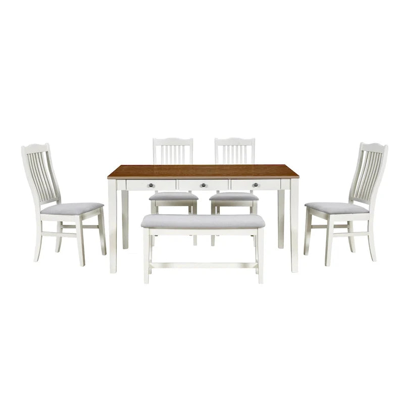 Ensemble de salle à manger 6 pièces en bois avec 4 chaises et un banc, table avec tiroir