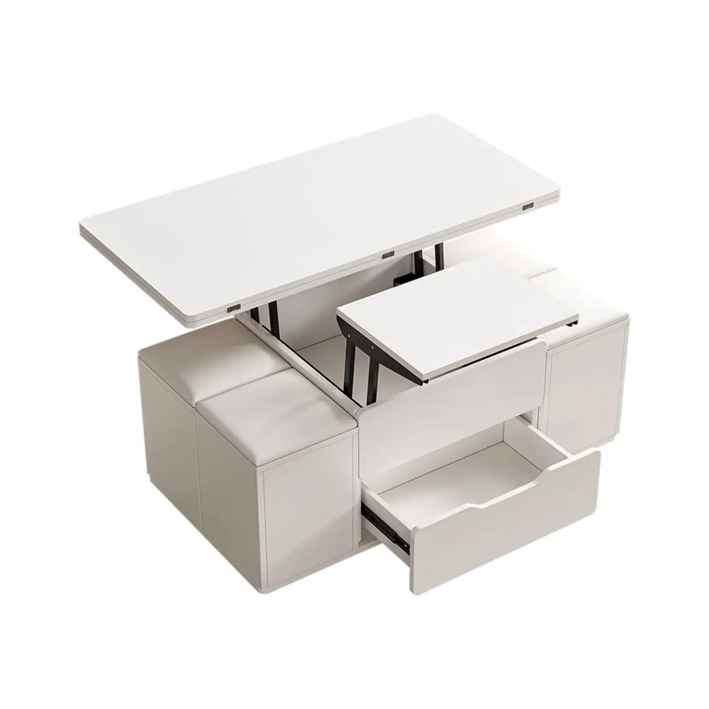 Table basse relevable et pliable avec 4 tabourets et rangement
