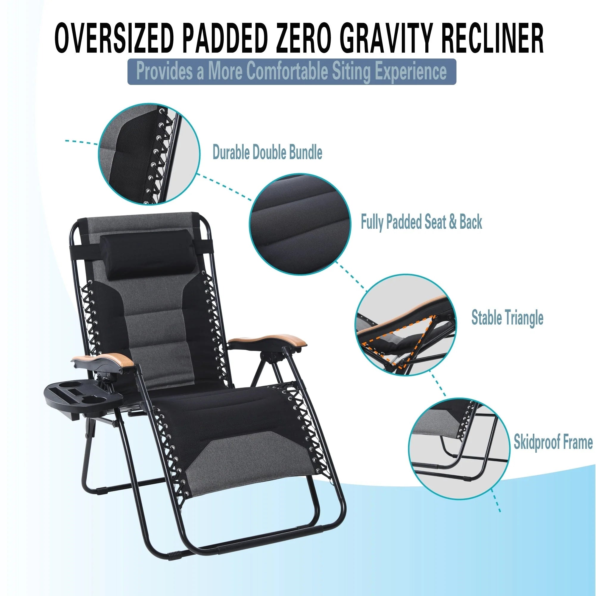 Fauteuil de relaxation zéro gravité XL surdimensionné et rembourré, avec accoudoirs plus larges, inclinable et porte-gobelet - N/A