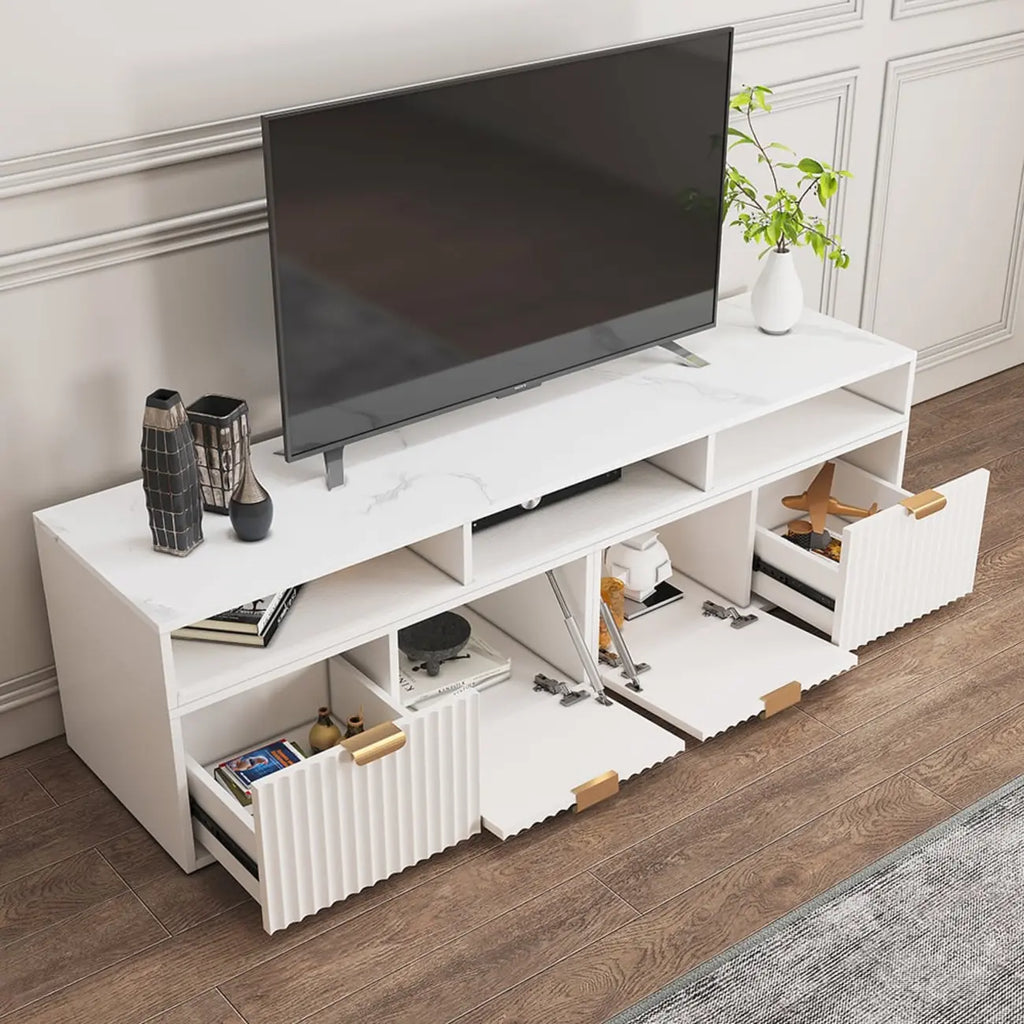 Meuble TV d'angle moderne blanc avec 2 tiroirs et étagère ouverte