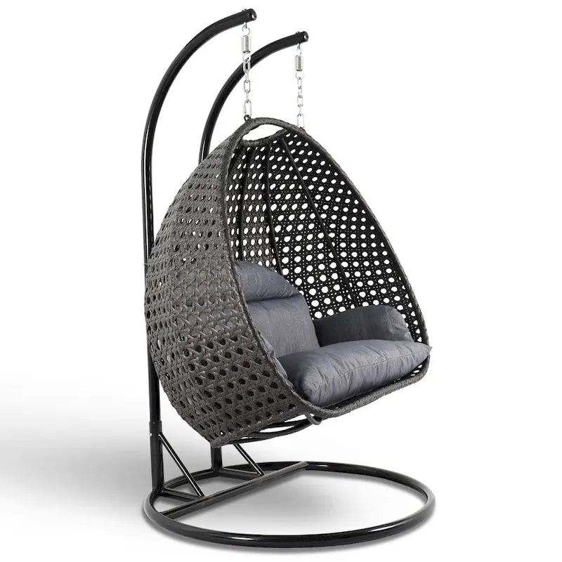 LeisureMod Fauteuil suspendu œuf 2 places avec support - Balançoire hamac de patio en rotin osier intérieur/extérieur avec coussins