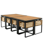 Ensemble de salle à manger de patio en bois d'acacia de 18 pièces, 8 chaises coussinées et 8 poufs et 2 tables carrées