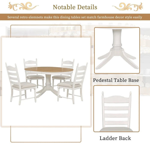 Ensemble de salle à manger rétro fonctionnel 5 pièces, table ronde extensible en bois et 4 chaises de salle à manger rembourrées