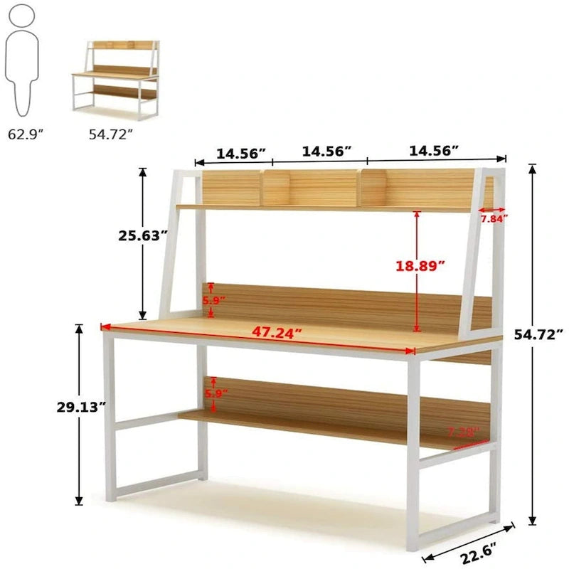 Bureau informatique de 47 pouces avec étagère supérieure et bibliothèque