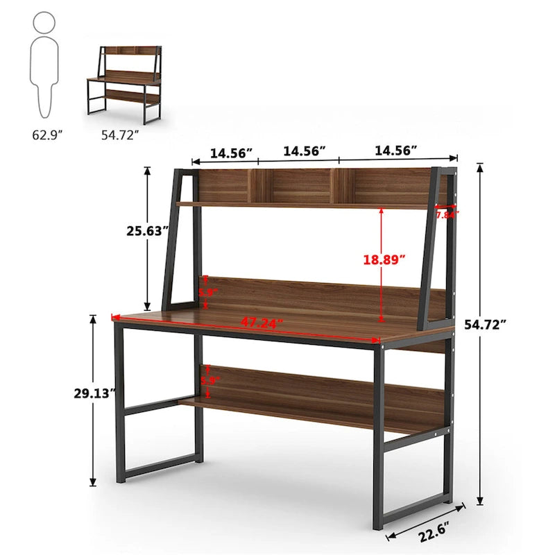 Bureau informatique de 47 pouces avec étagère supérieure et bibliothèque