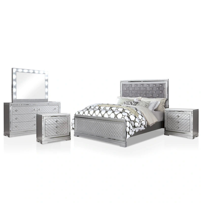 Ensemble de chambre à coucher 5 pièces avec panneau capitonné en bois argenté Seleena Glam et port USB par Furniture of America