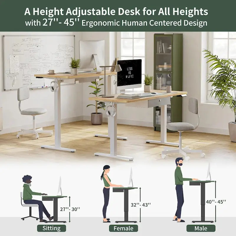 Bureau debout avec tiroir, Bureau électrique à hauteur réglable, Bureau de télétravail assis-debout, Poste de travail ergonomique