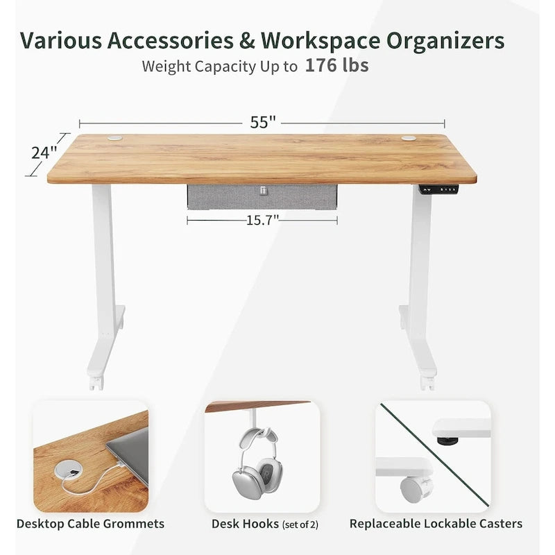 Bureau debout avec tiroir, Bureau électrique à hauteur réglable, Bureau de télétravail assis-debout, Poste de travail ergonomique