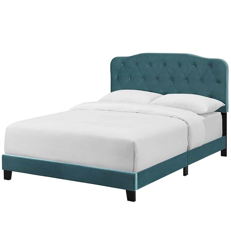 Lit plate-forme en velours sarcelle taille grand lit avec tête de lit capitonnée