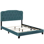 Lit plate-forme en velours sarcelle taille grand lit avec tête de lit capitonnée