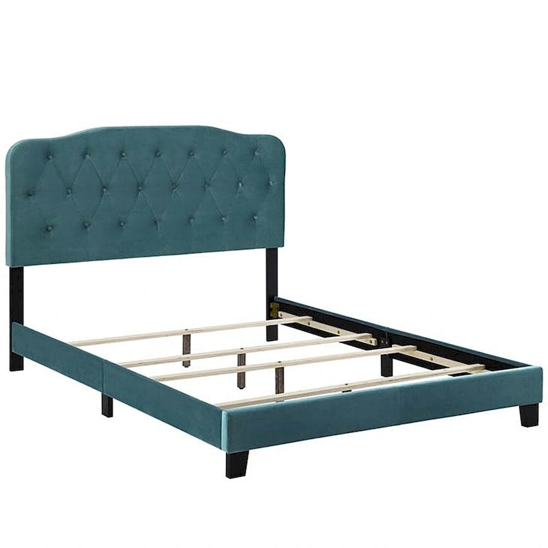 Lit plate-forme en velours sarcelle taille grand lit avec tête de lit capitonnée