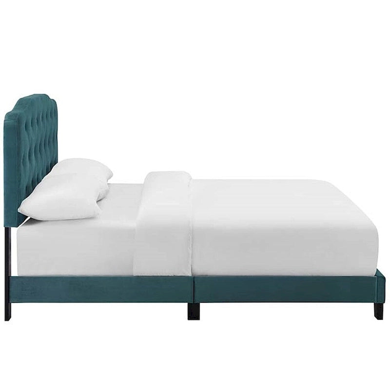 Lit plate-forme en velours sarcelle taille grand lit avec tête de lit capitonnée