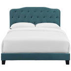 Lit plate-forme en velours sarcelle taille grand lit avec tête de lit capitonnée