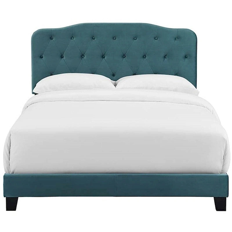 Lit plate-forme en velours sarcelle taille grand lit avec tête de lit capitonnée