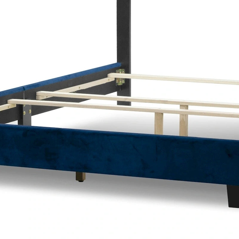 Lit Queen en velours bleu marine avec capitonnage et clous décoratifs noirs