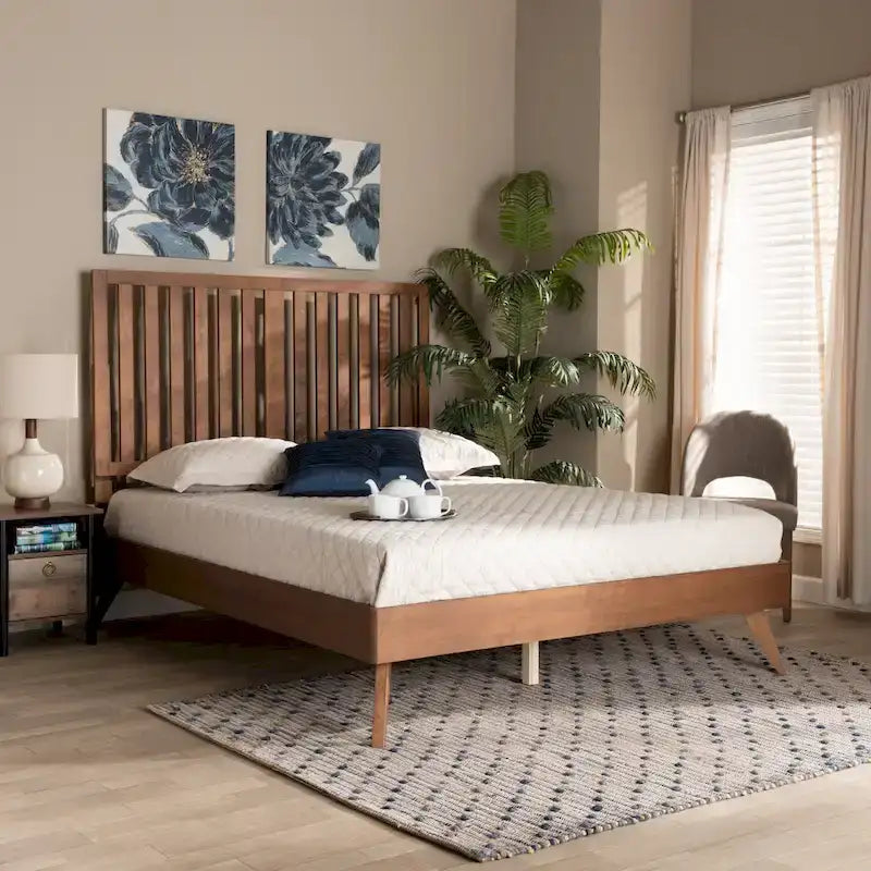 Saki Mid-Century Modern Walnut Brown Finished Wood Platform Bed