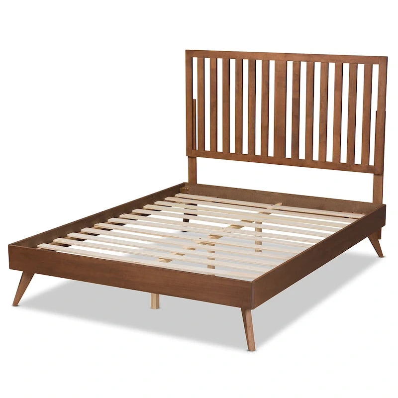 Lit plateforme en bois fini noyer brun de style Mid-Century Modern