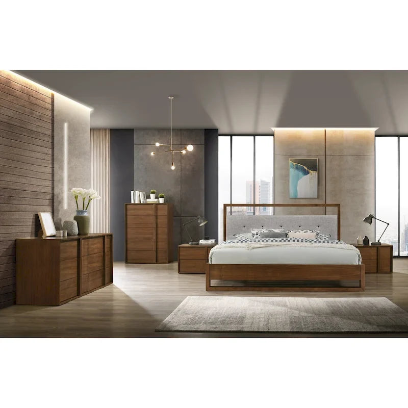 Lit moderne en tissu gris et noyer
