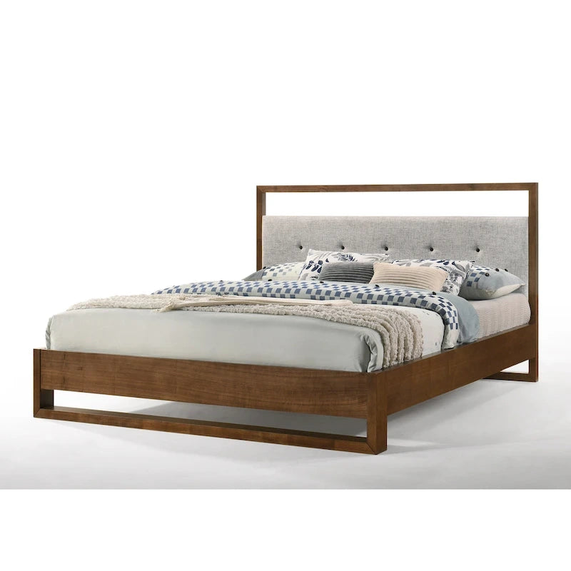 Lit moderne en tissu gris et noyer