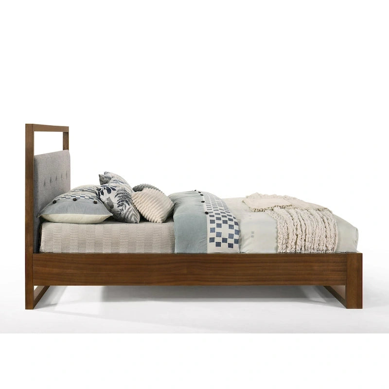 Lit moderne en tissu gris et noyer