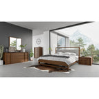 Lit moderne en tissu gris et noyer