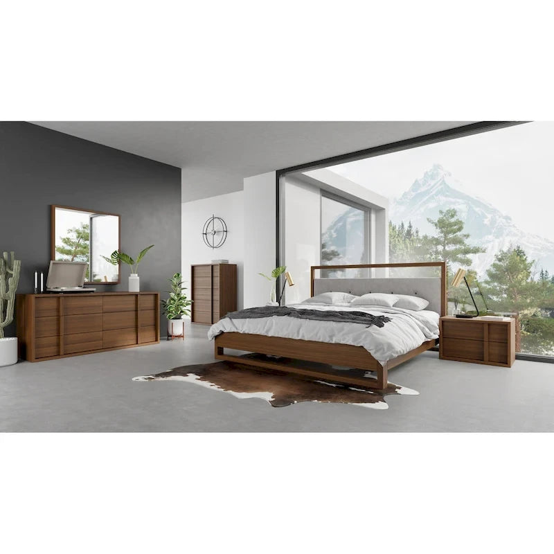 Lit moderne en tissu gris et noyer