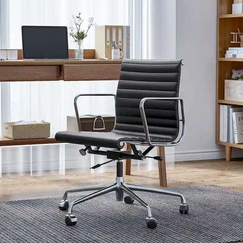 Chaise de bureau ergonomique à dossier bas en cuir véritable et côtelée