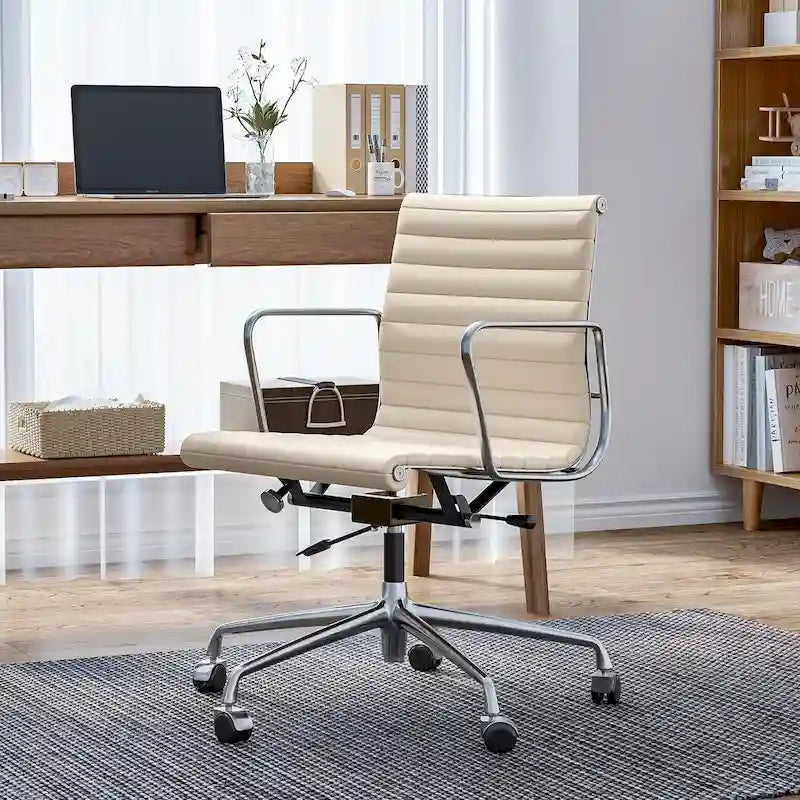 Chaise de bureau ergonomique à dossier bas en cuir véritable et côtelée